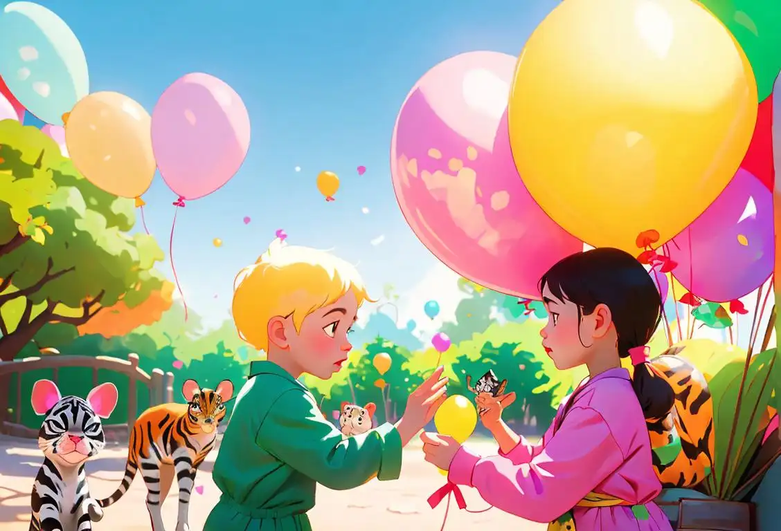Children in colorful outfits, holding balloons, surrounded by animals at the zoo, sunny outdoor setting.