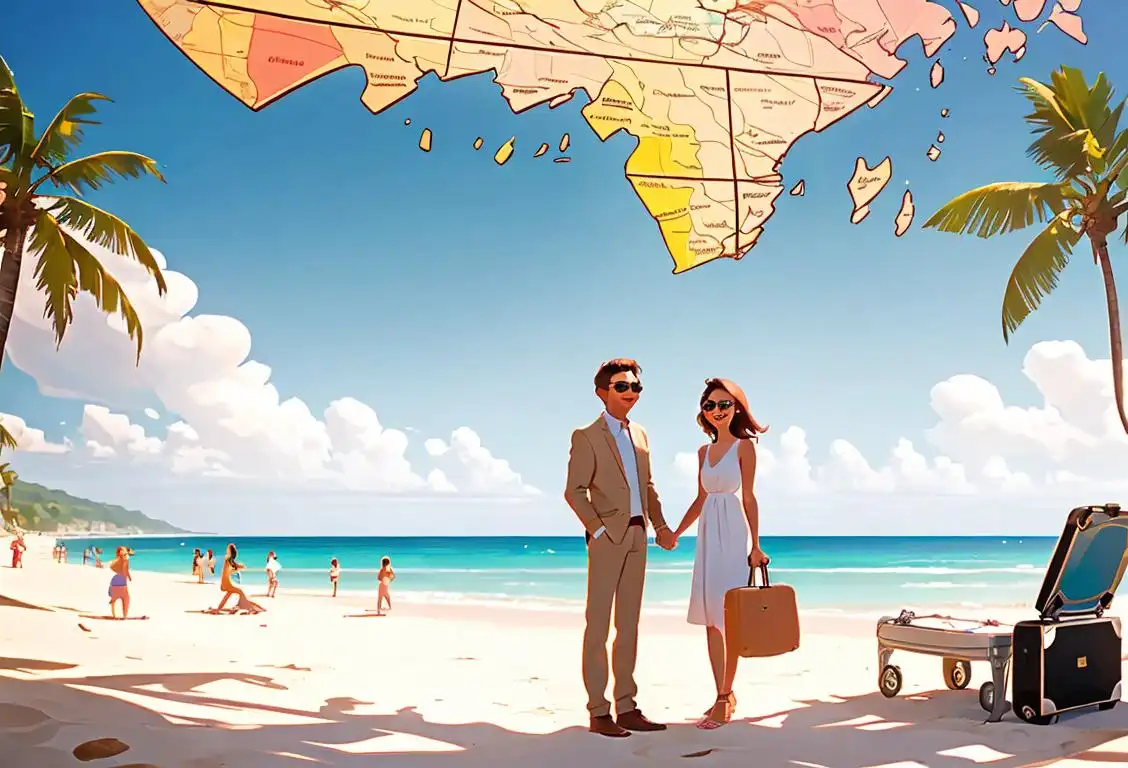 Happy couple holding suitcases, standing in front of a world map, beach scene, wearing sunglasses and summer outfits..