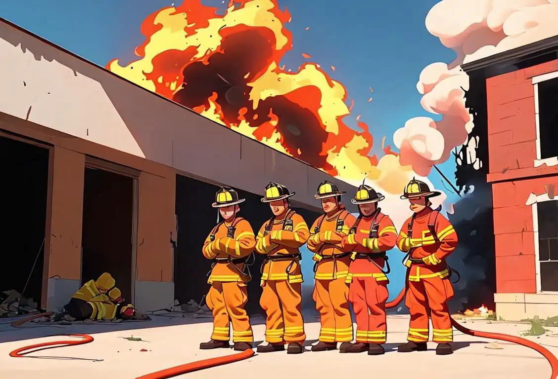 A group of brave firefighters wearing full firefighting gear, standing heroically in front of a burning building on a sunny day..