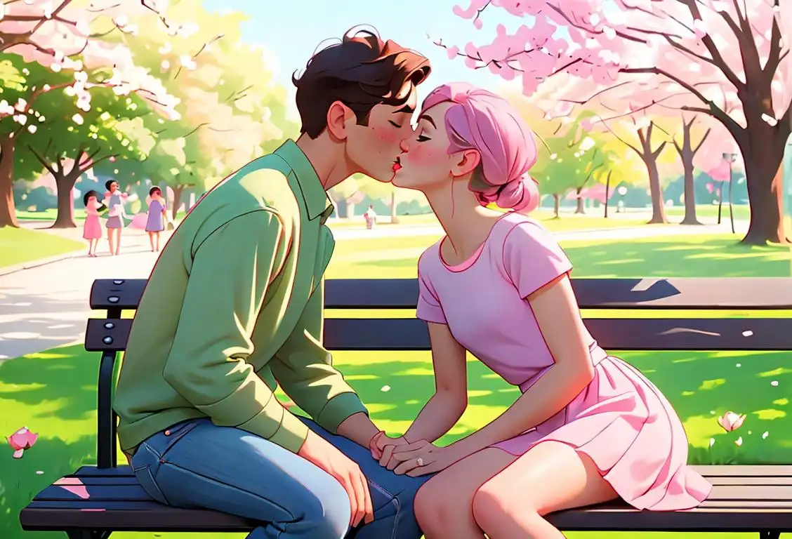 Young couple sharing a sweet kiss on a park bench, surrounded by blooming flowers and wearing matching pastel outfits, springtime picnic setting..