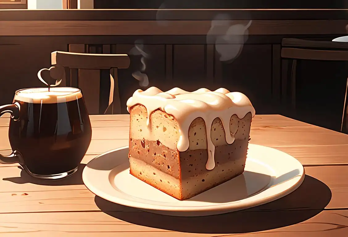 A slice of beer coffee cake being served on a rustic wooden plate, accompanied by a steaming mug of coffee and a tall glass of beer. Wholesome, cozy cafe setting with warm lighting..