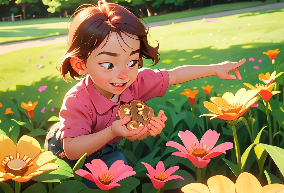 Joyful child picking up a bright, shiny penny on a sunny day, surrounded by lush green grass and blooming flowers..