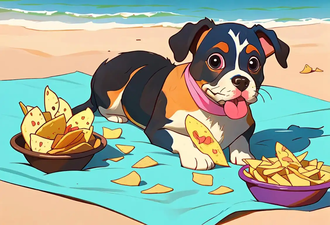 Playful puppy with a dip-themed bandana, exploring a picnic spread with snacks and colorful chips..