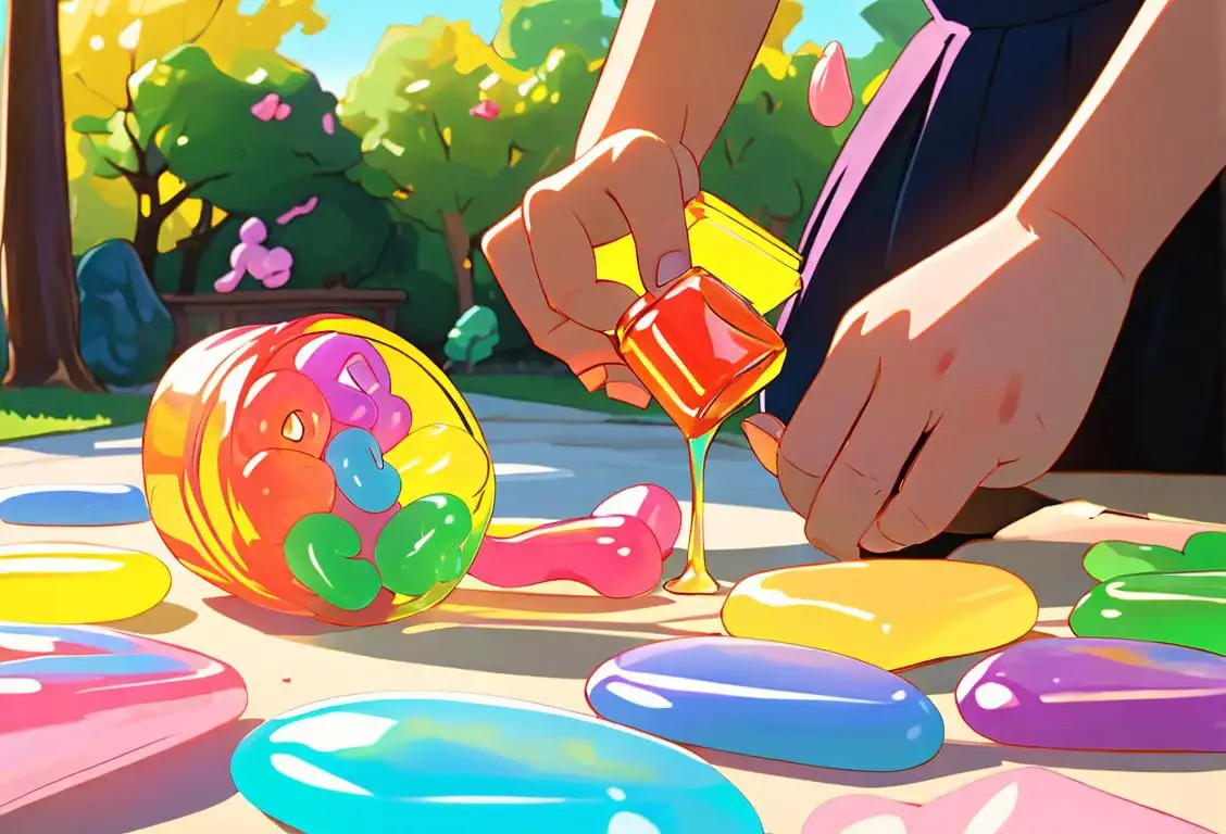 A colorful assortment of hard candies arranged in a glass jar, with a child's hand reaching out to grab one, set in a sunny park..