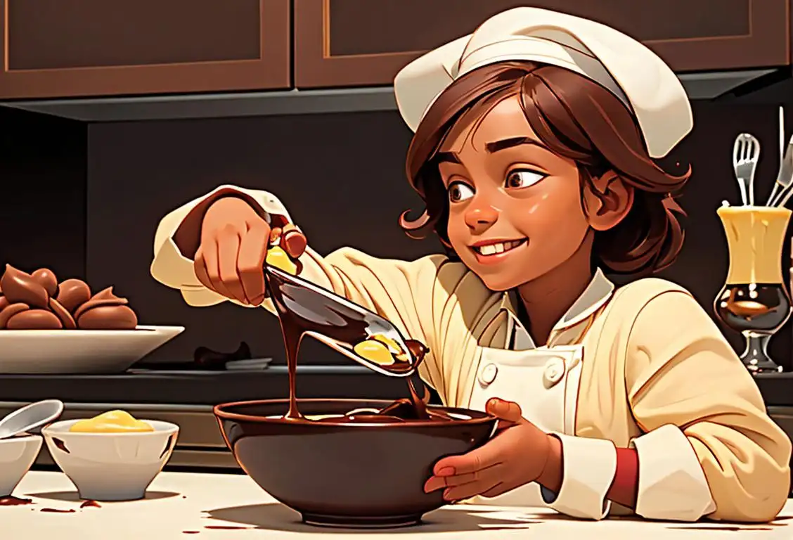 A smiling child, wearing a chef's hat, pouring chocolate custard into a beautifully decorated dessert bowl, surrounded by kitchen utensils and ingredients..