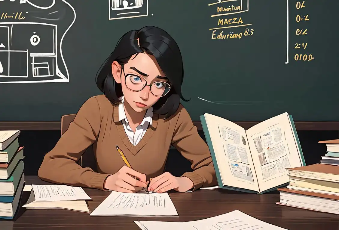A student with glasses intensely studying with books and papers spread out, surrounded by educational posters and a chalkboard..