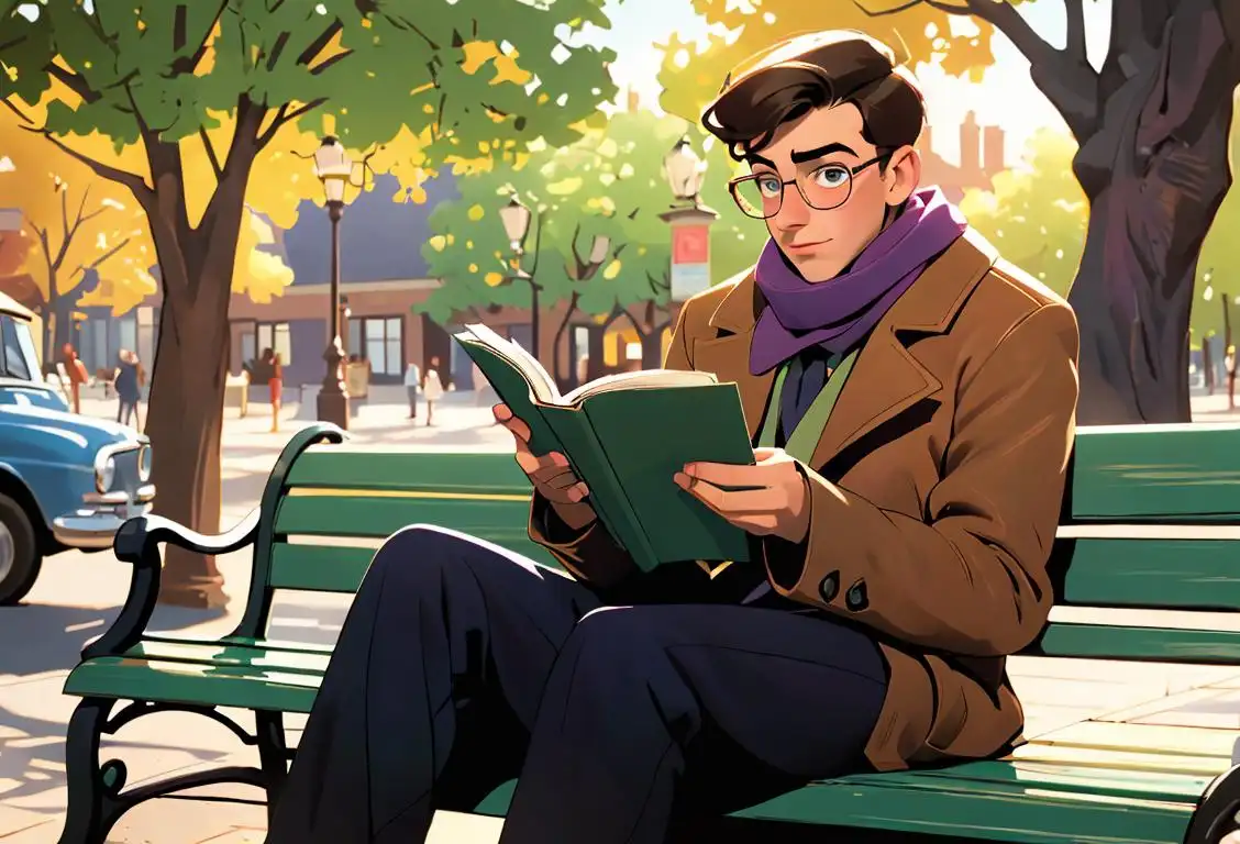Young man sitting on a bench outside a library, wearing a colorful scarf, vintage glasses, and reading a paperback novel..