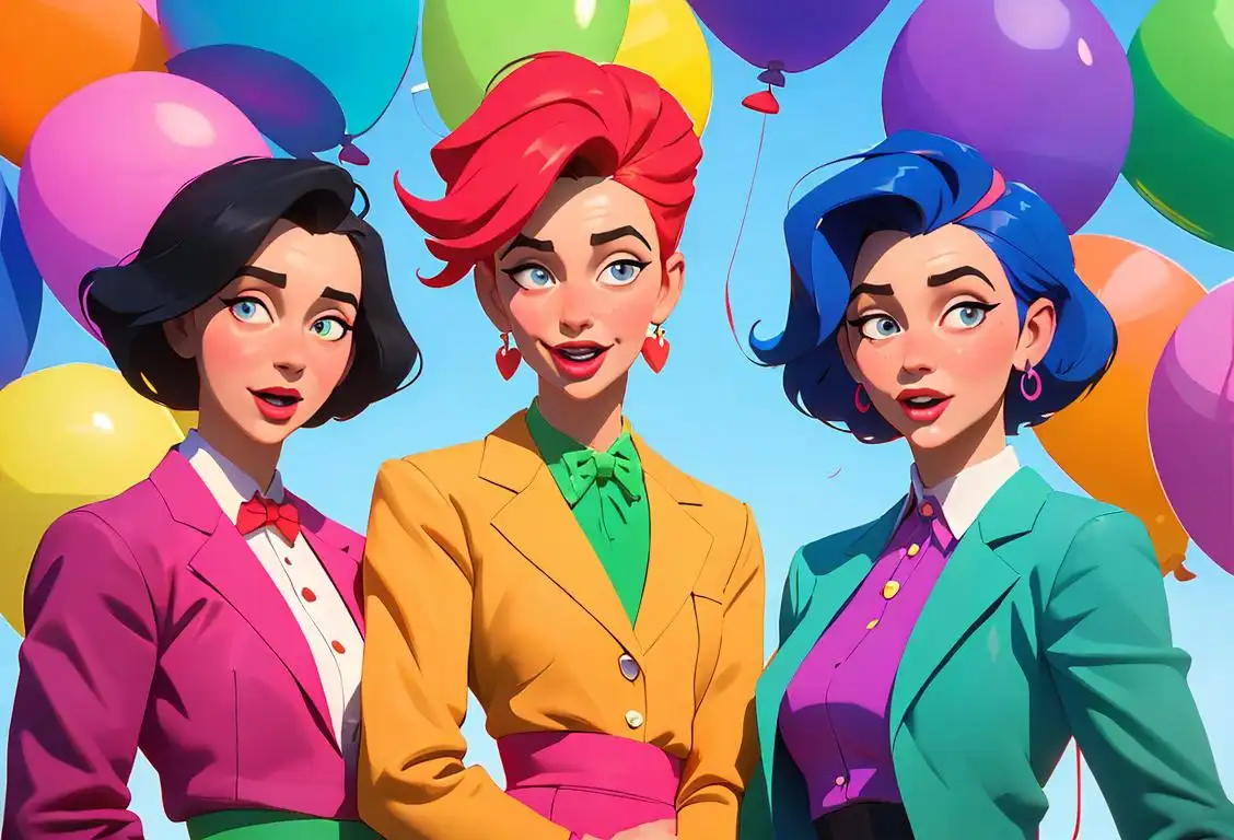 A group of joyful individuals named Heather, dressed in colorful outfits, surrounded by vibrant balloons, celebrating National Heathers Day in a playful, festive atmosphere..