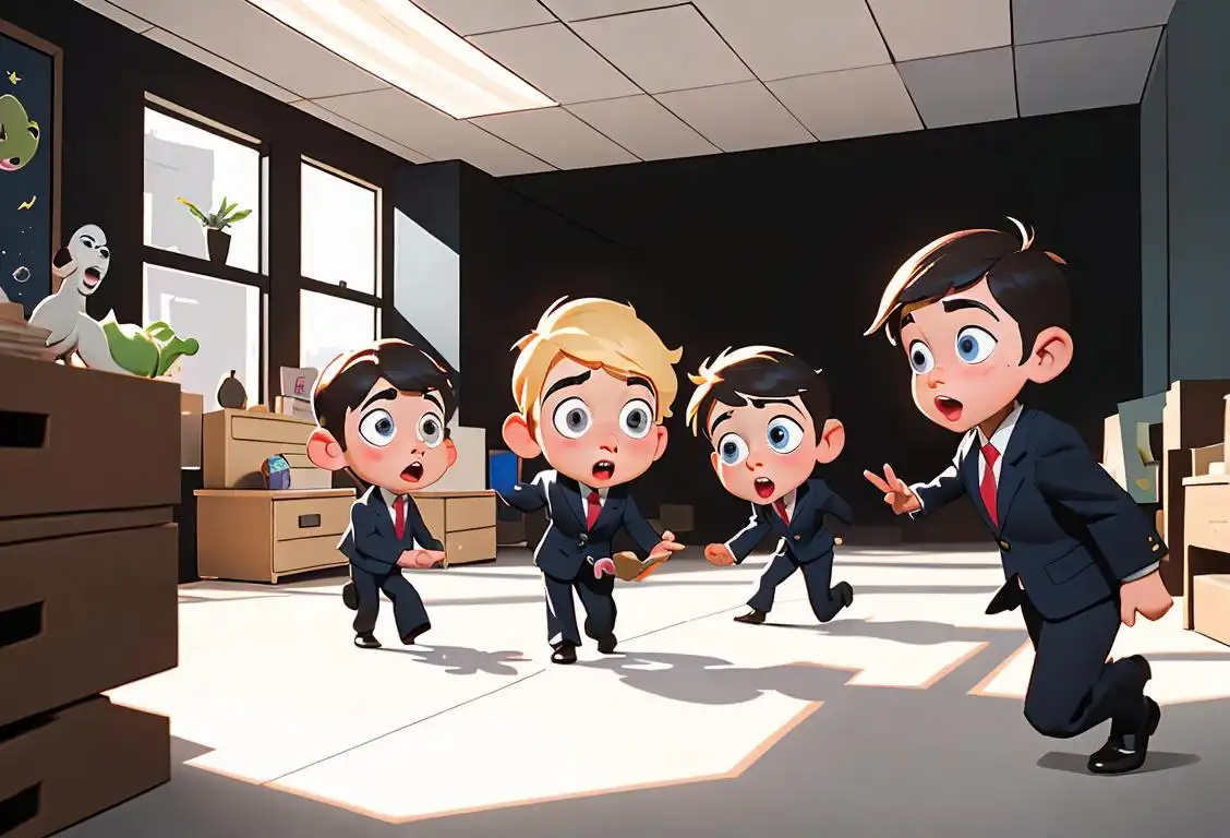 A group of children wearing miniature business attire, exploring a bustling office space with wide-eyed curiosity and adventure..