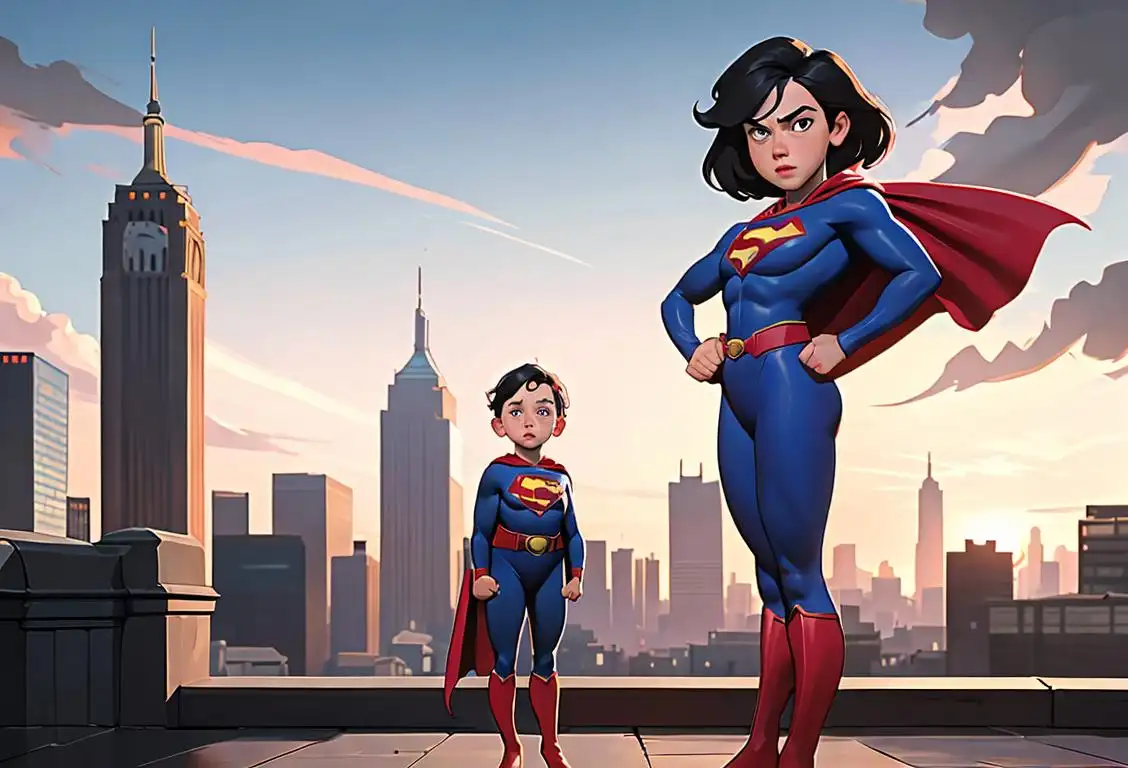 Two children in superhero costumes, standing confidently with their hands on their hips, against a backdrop of a bustling city skyline with a powerful national flag waving in the background..