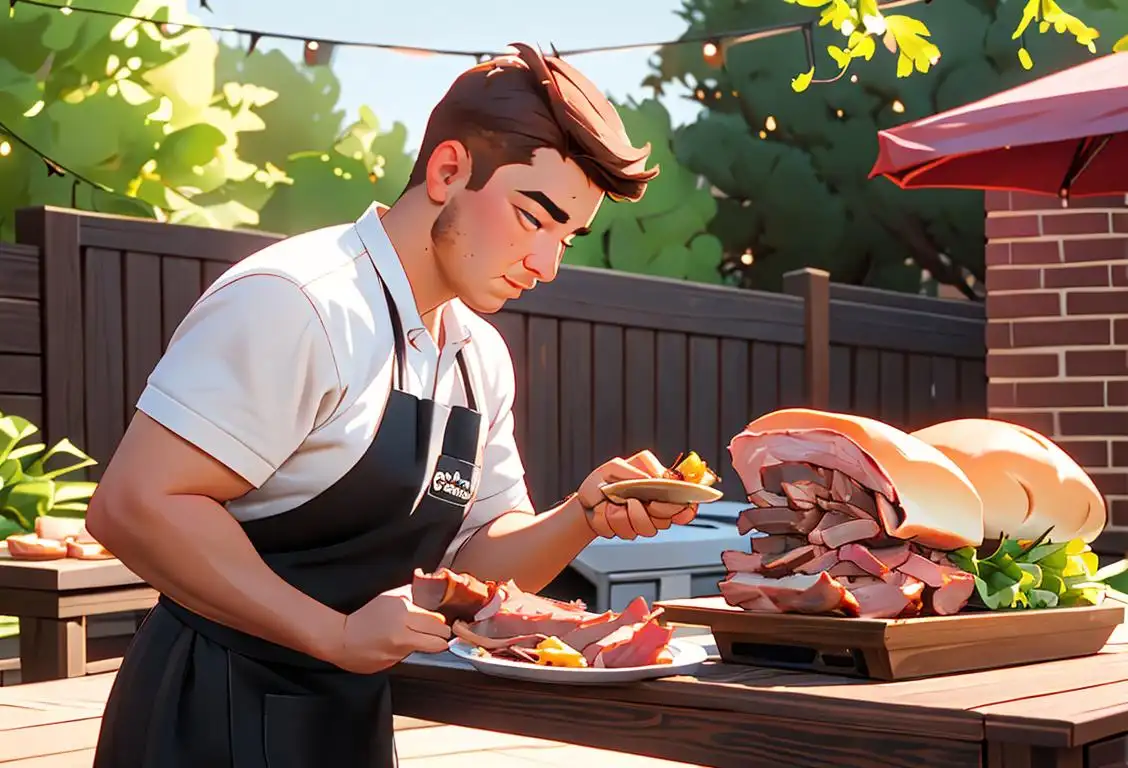 A person holding a mouthwatering pulled pork sandwich, wearing a modern apron, backyard barbecue scene with friends enjoying the delicious meal..