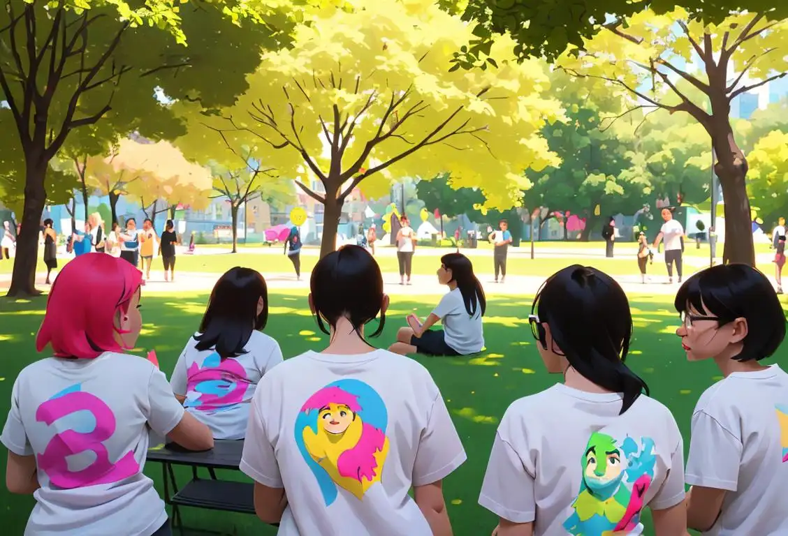 A diverse group of people wearing colorful t-shirts, each with a different MPS awareness slogan, gathered in a sunny park for National MPS Awareness Day..