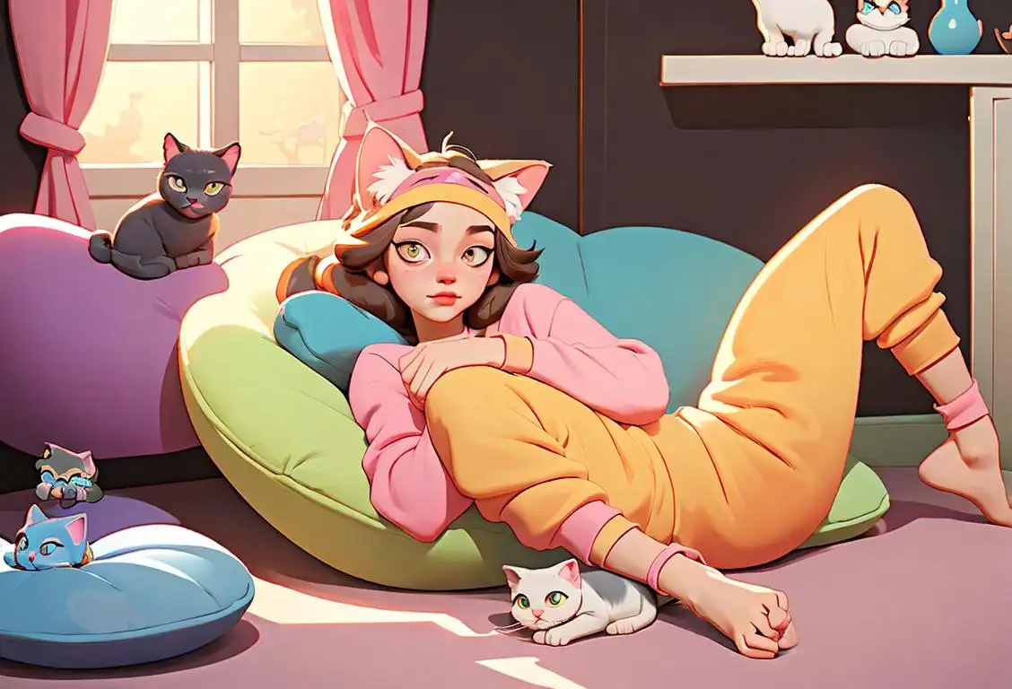 Young woman wearing cat ears headband, cozy lounge pants, surrounded by cats in a whimsical and colorful cat-themed room..