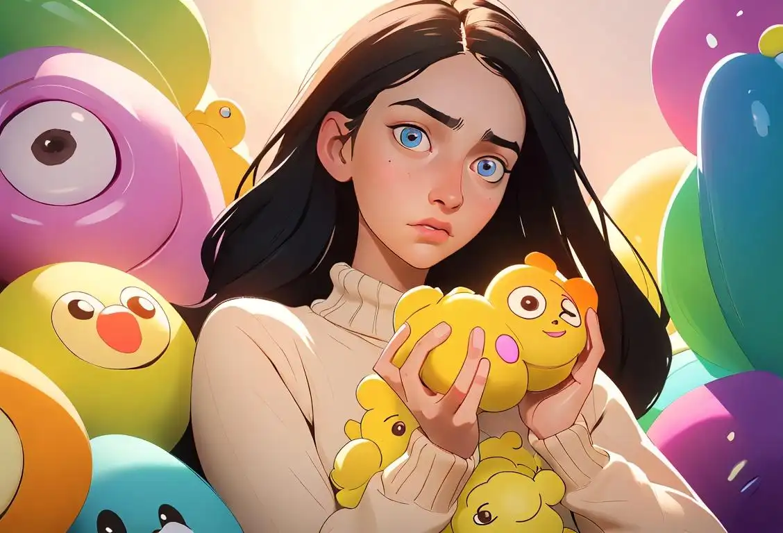 Young woman with a calm expression, wearing a cozy sweater, surrounded by colorful stress relief toys and essential oils..