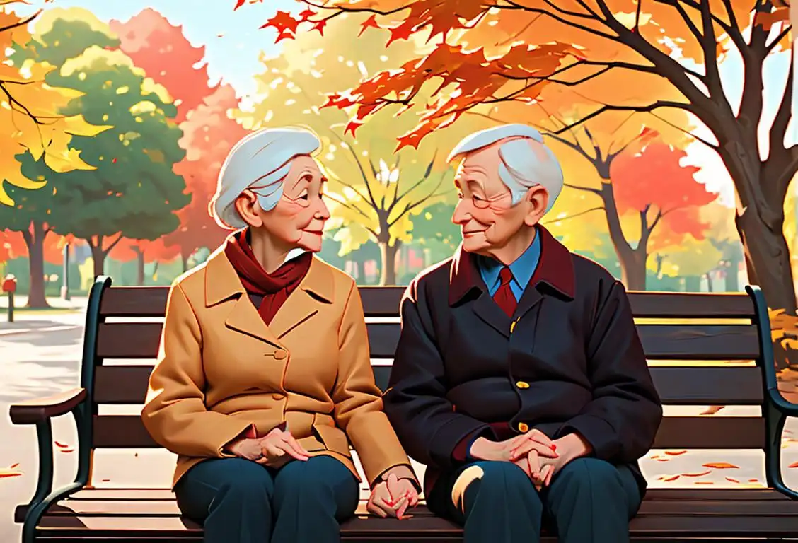 Senior citizen couple sitting on a park bench, holding hands, surrounded by colorful autumn leaves..