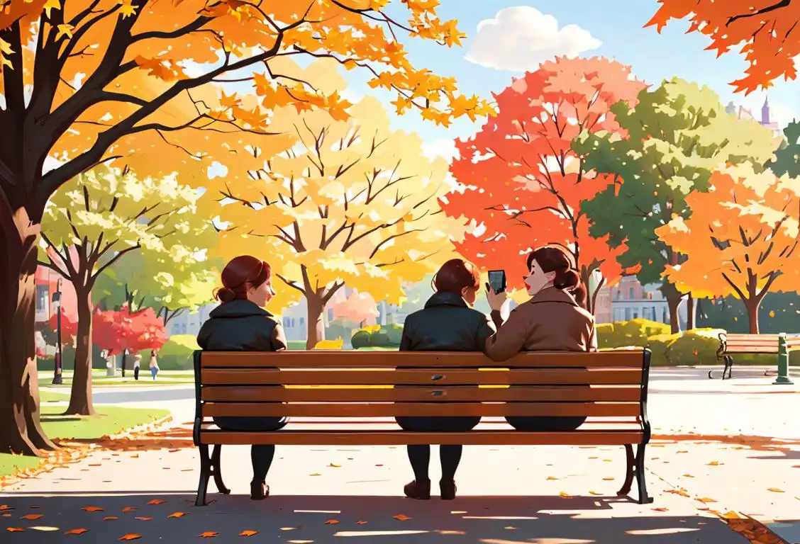 Two people sitting on a park bench, one holding a phone while the other attentively listens, surrounded by colorful autumn leaves..