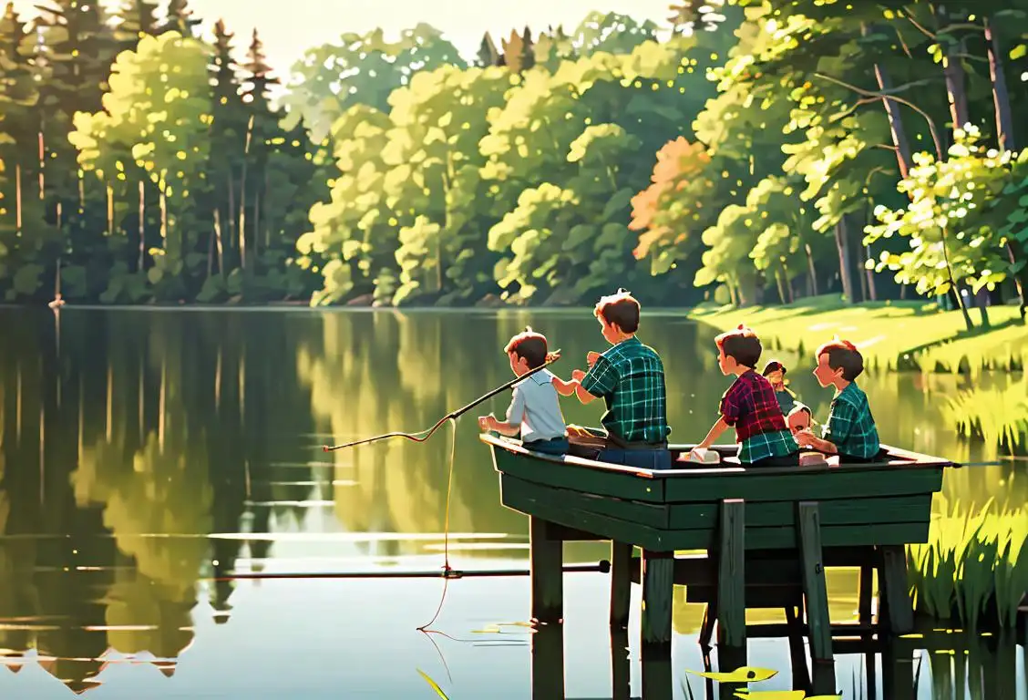 A family of four happily fishing on a peaceful lake, wearing plaid shirts, surrounded by lush green forests..