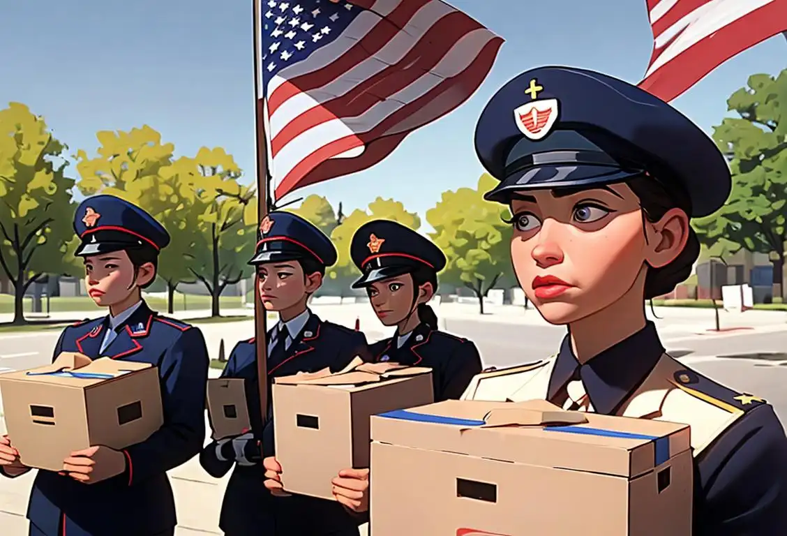 A group of diverse National Guard members in uniform, carrying ballot boxes with American flags in the background..