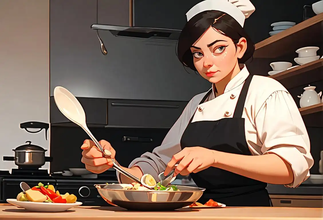 A person in a chef hat, holding a mixing spoon, cooking a delicious dish in a modern kitchen..