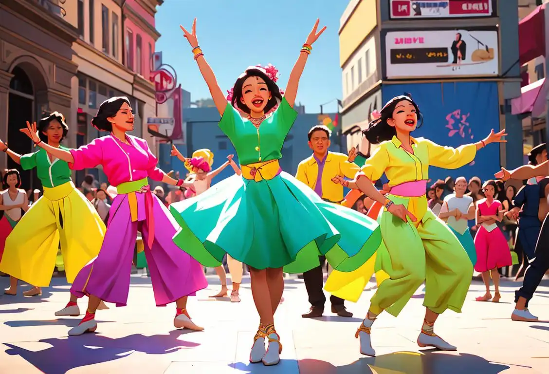 A diverse group of people dancing joyfully in colorful and trendy attire in a bustling city square, capturing the essence of National Dance Dance Day..