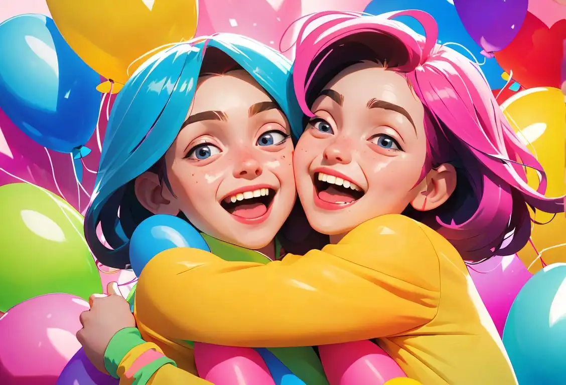 A joyful brother and sister laughing and hugging, wearing matching outfits, surrounded by colorful balloons and confetti..