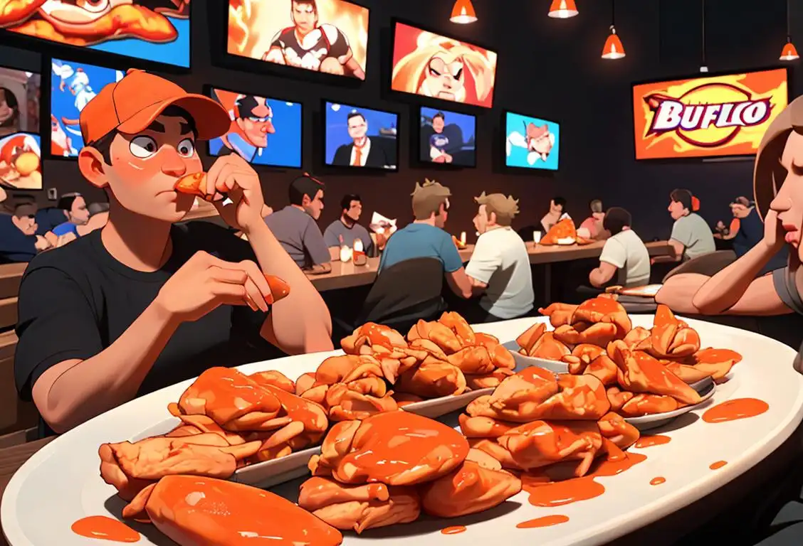 A group of friends gathered around a table enjoying a platter of delicious buffalo chicken wings, wearing casual attire, in a lively sports bar setting..