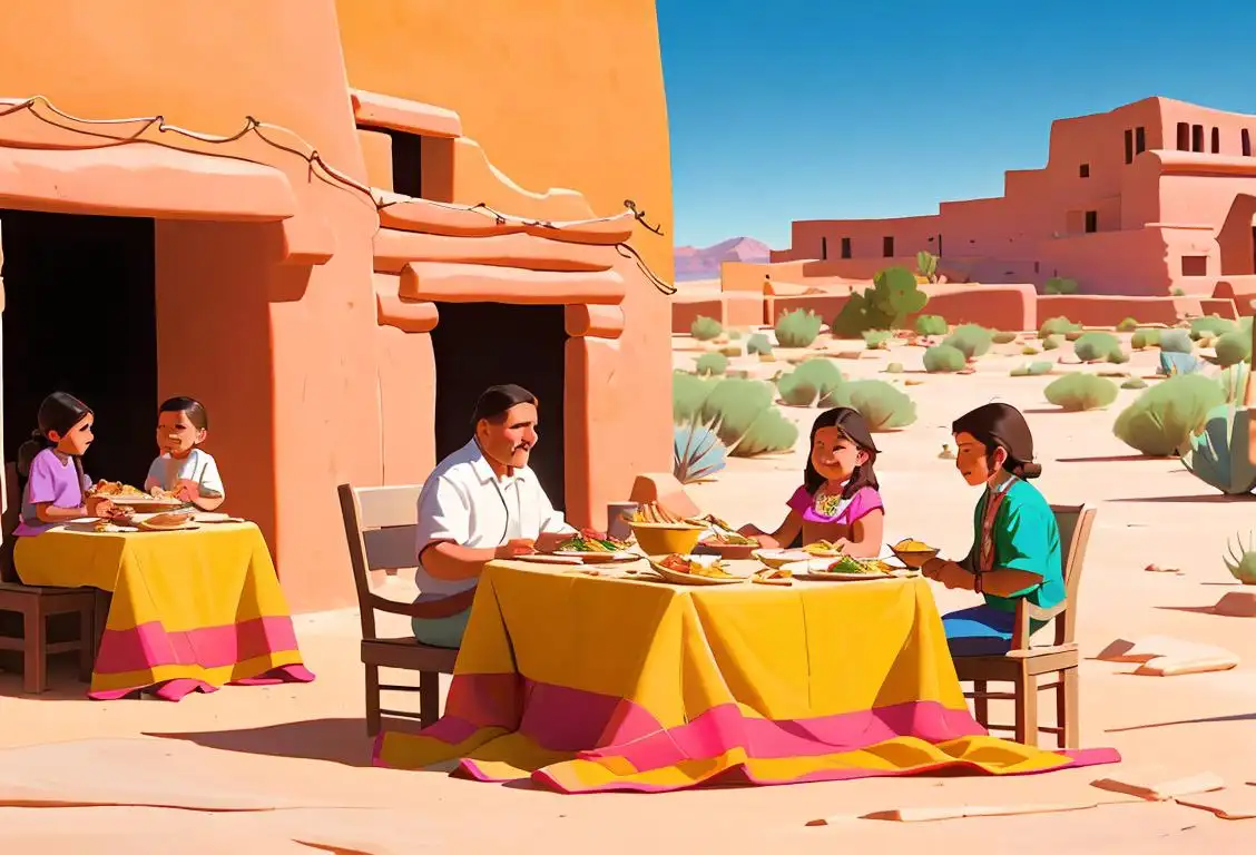 A happy family enjoying a traditional New Mexican meal, dressed in colorful southwest-style clothing, surrounded by desert landscape and adobe architecture..