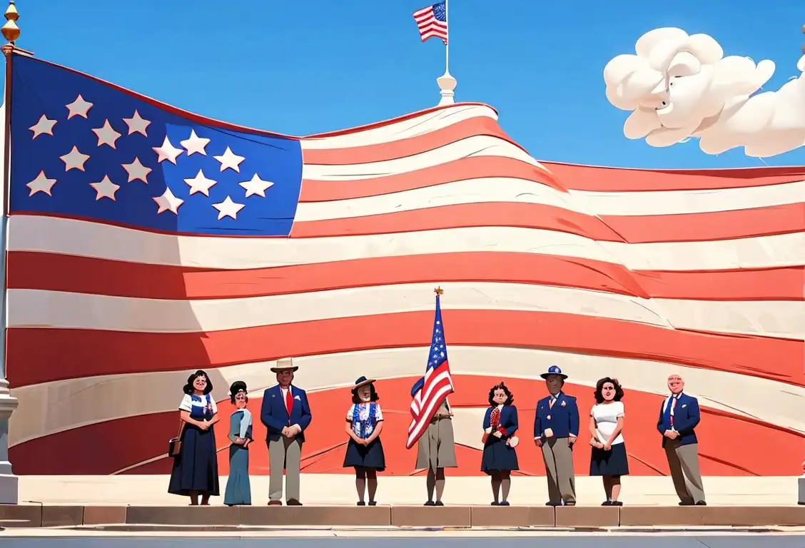 A group of diverse people posing in front of a national monument with American flags, dressed in patriotic attire and smiling with excitement..
