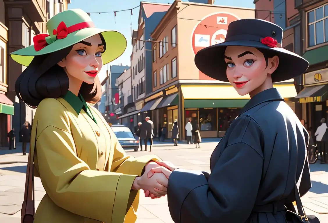 Two people, one wearing a trendy hat and the other a traditional outfit, exchanging a friendly handshake in a vibrant urban setting..