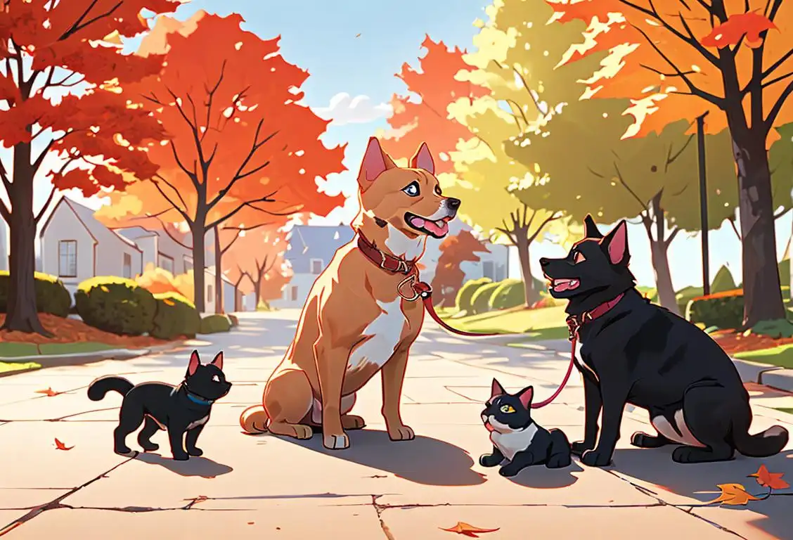 Happy pet parent holding a leash, wearing a cozy sweater, autumn setting, surrounded by playful dogs and cats..