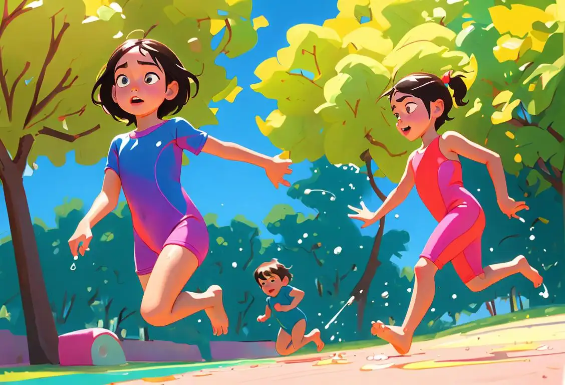 Young children running through a sprinkler, wearing colorful swimsuits, on a sunny day at a park..