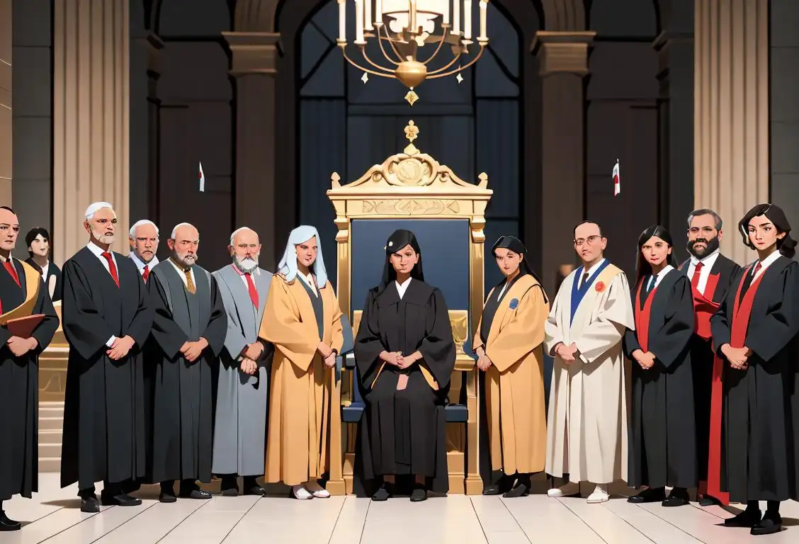 A diverse group of people wearing judge's robes, holding gavels, with a backdrop of a courthouse, symbolizing the celebration of National Justice Day..