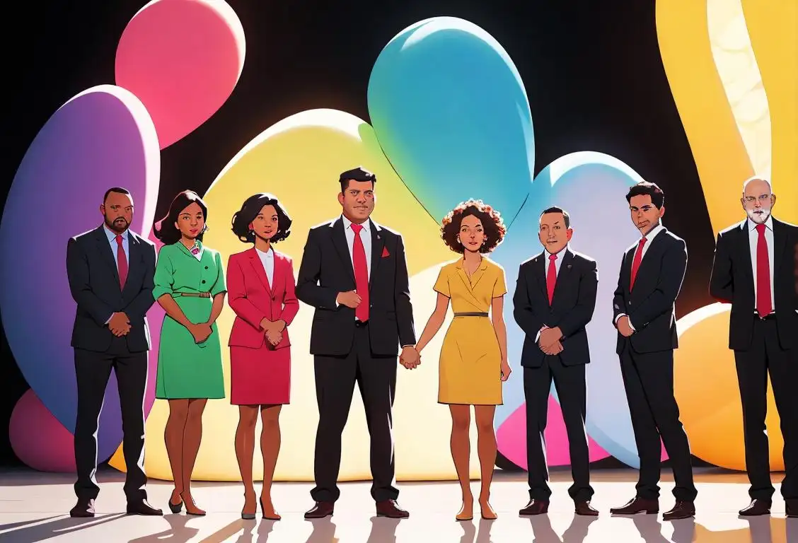 A diverse group of individuals standing side by side, holding hands, wearing a mix of casual and professional attire, against a vibrant and inclusive background..