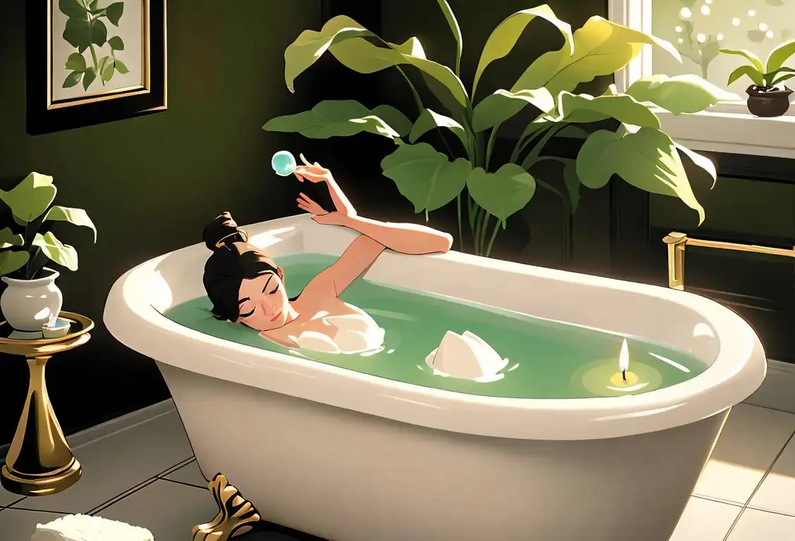 A cozy bathroom scene with a person relaxing in a bathtub filled with bubbles, surrounded by candles and plants, radiating pure relaxation and tranquility..