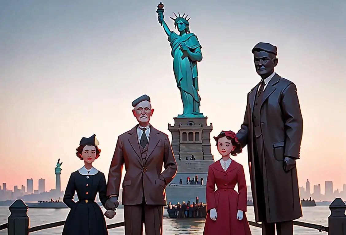 Family posing in front of the Statue of Liberty, wearing vintage clothing, 1950s New York City background..