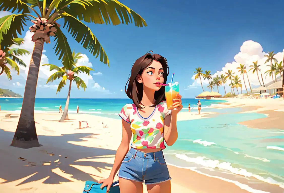 Young woman in denim shorts, enjoying a sunny day at the beach, surrounded by palm trees and sipping a refreshing drink..