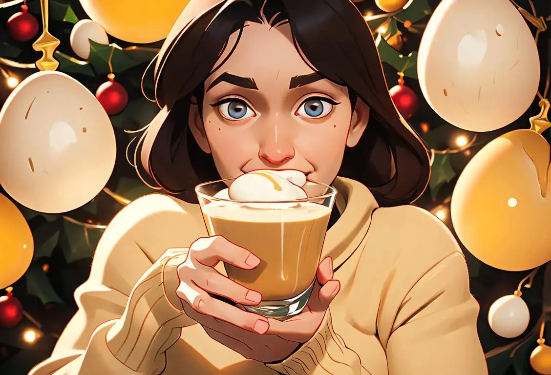 Joyful person holding a glass of eggnog, wearing a cozy sweater, surrounded by holiday decorations..