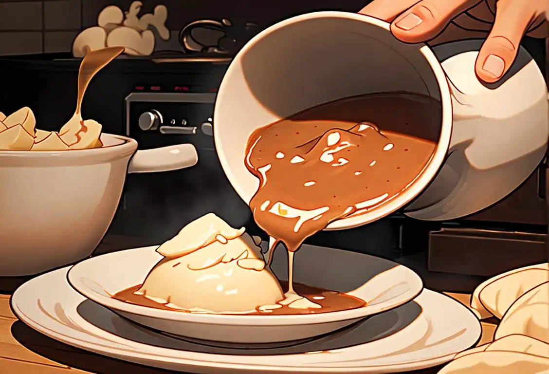 Bowl of steaming gravy being poured over a plate of mashed potatoes, cozy kitchen setting, retro apron..