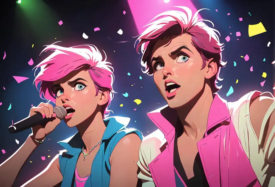 A group of people, dressed in 80s attire, dancing and singing along to a Duran Duran concert, with colorful lights and confetti in the background..