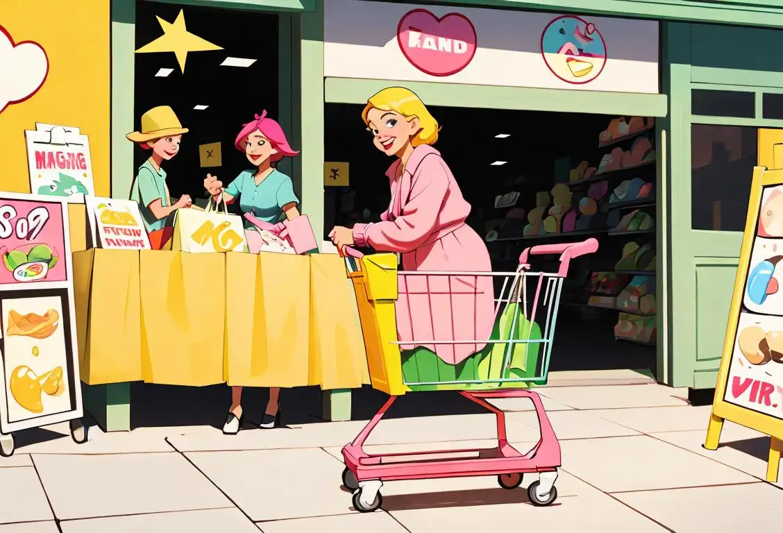 A cheerful shopper with a full shopping cart, wearing trendy clothes, surrounded by bright sale signs and happy customers..
