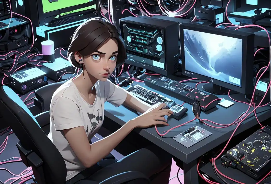 A person wearing a t-shirt featuring computer circuit designs, surrounded by computer hardware components and wires, in a futuristic tech laboratory..