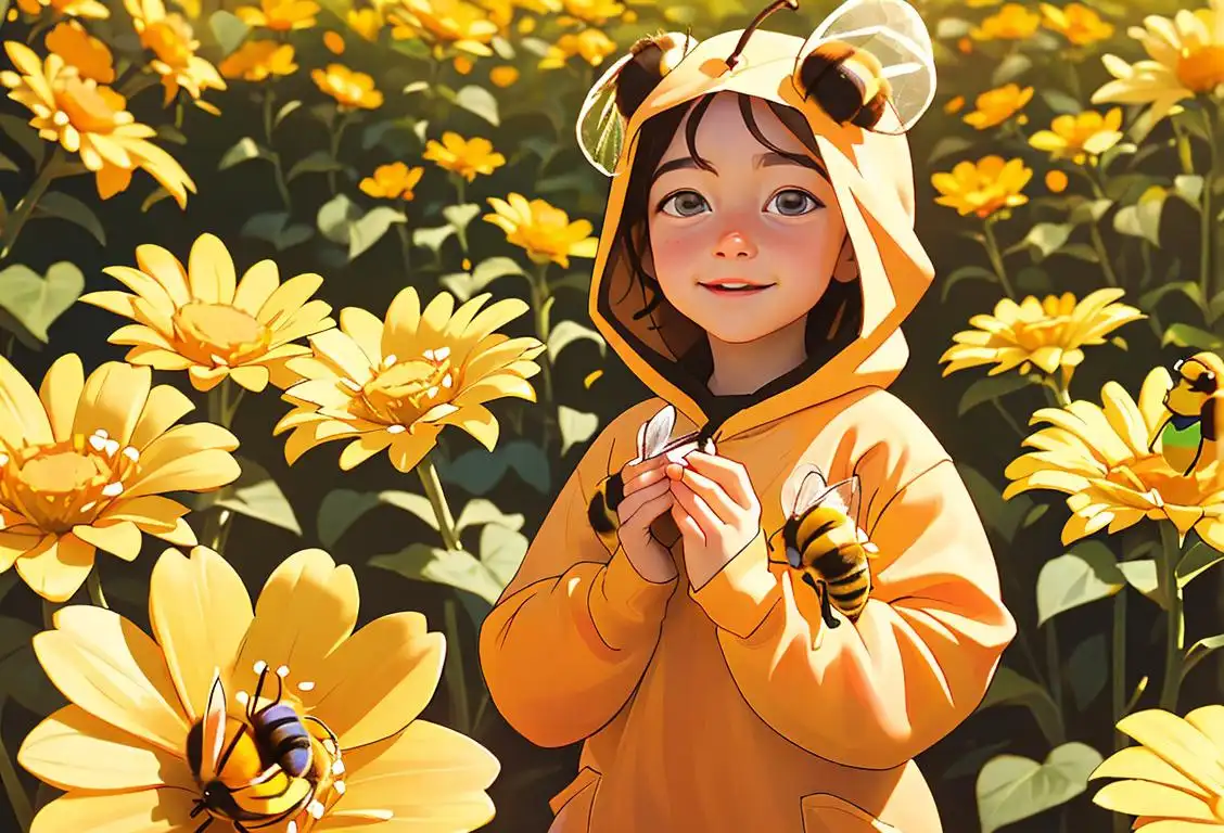 Happy child in a garden, wearing a bee costume, surrounded by blooming flowers, celebrating National Honey Bee Awareness Day!.
