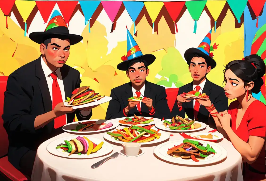A diverse group of Latinx individuals wearing red ribbons and party hats, surrounded by vibrant decorations and enjoying a colorful feast of fajitas..