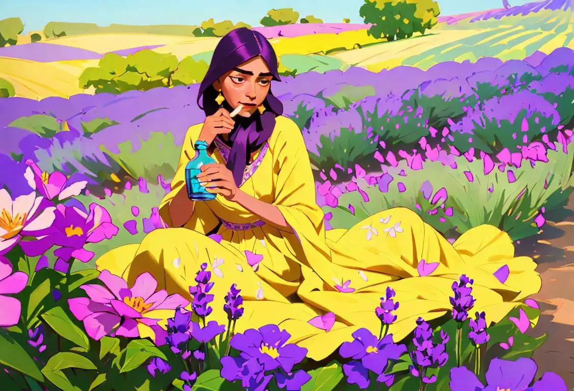 A person smelling a bottle of attar, surrounded by flowers, wearing a colorful bohemian dress in a field of lavender..