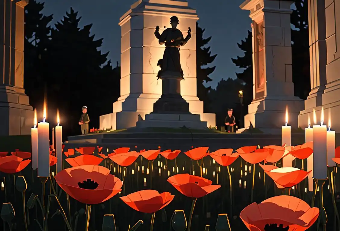 Group of diverse people holding lit candles at a war memorial, peaceful night setting, solemn atmosphere, wearing poppy pins, respectful attire..