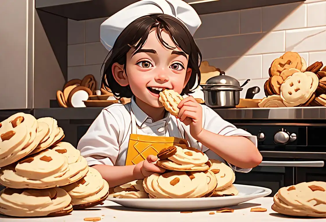 A happy child joyfully eating a biscuit, surrounded by a cozy kitchen, with a chef's hat and apron..