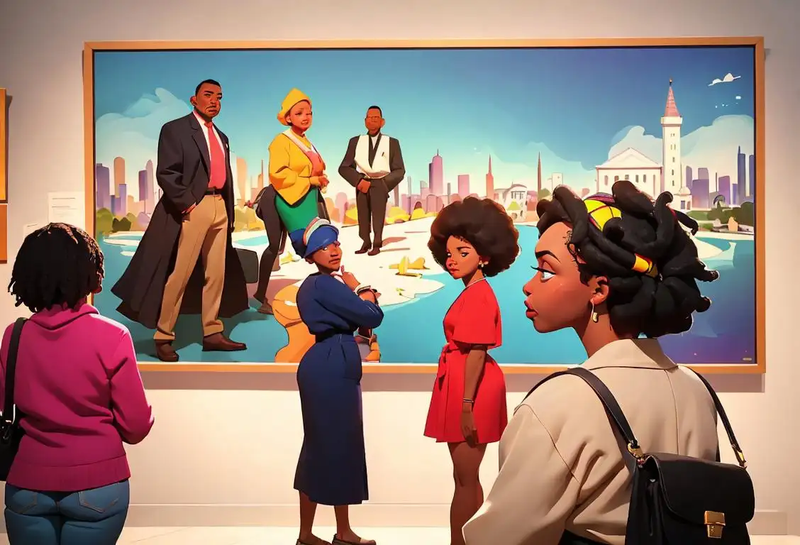 A diverse group of people, dressed in colorful clothing, enjoying interactive exhibits at the National African American Museum, with a vibrant cityscape in the background..