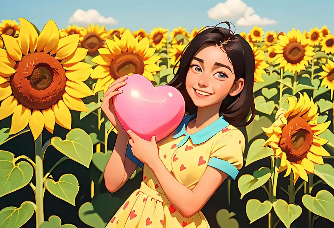 Cheerful young person enjoying a day out solo, holding a heart balloon, in a sunflower field with a colorful summer outfit..
