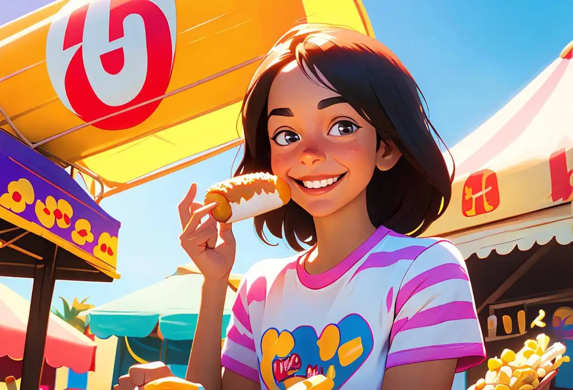 Young girl holding a corn dog, smiling happily, wearing a striped t-shirt, carnival atmosphere, summer fun..