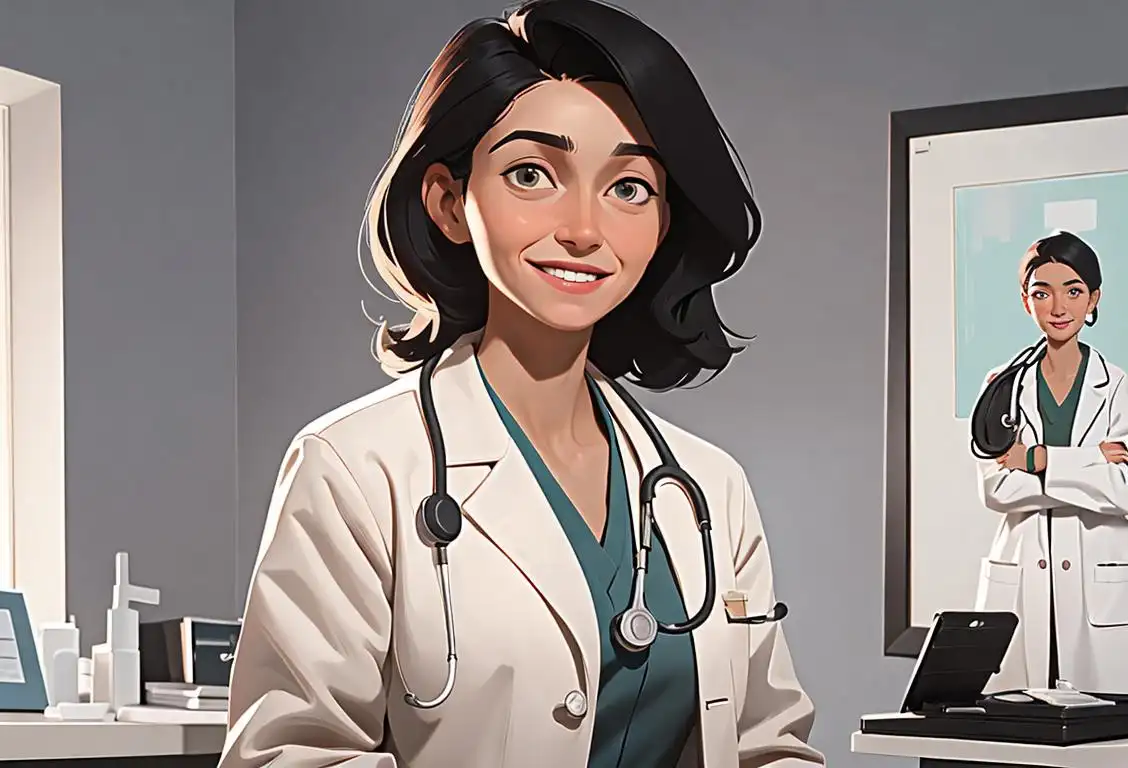A smiling, young female physician wearing a professional white coat and stethoscope, standing in a modern medical clinic with patients in the background..
